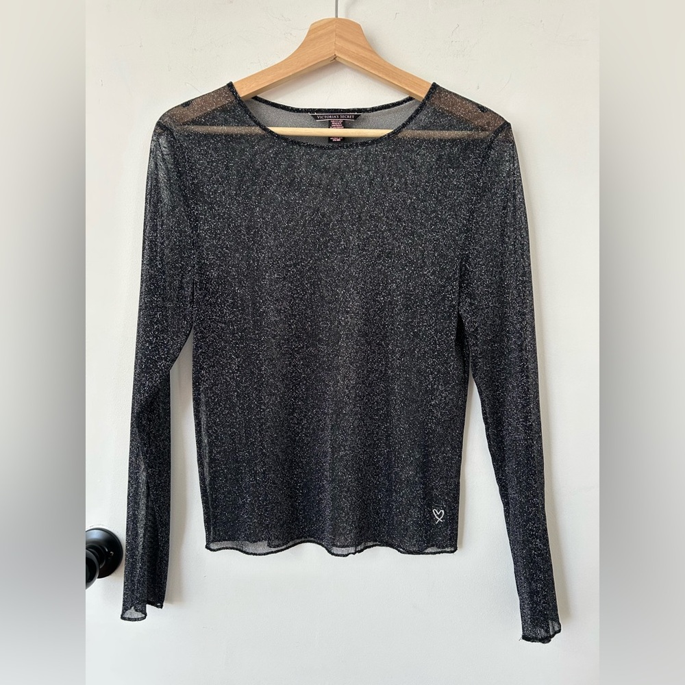 VICTORIA’S SECRET SHEER SHINY BLACK LONG SLEEVE TOP SIZE XS-S